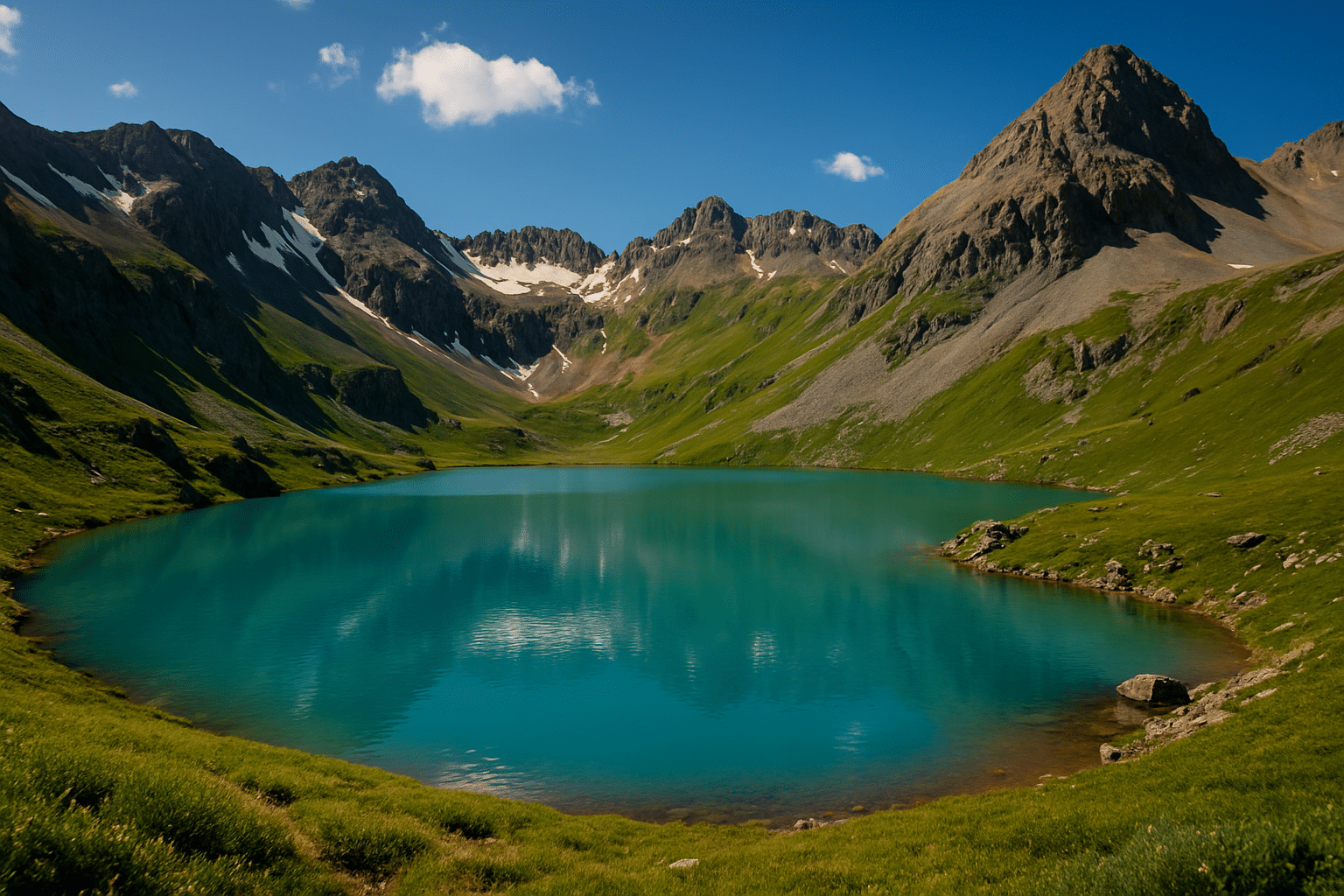 A high-resolution photograph captures an alpine lake with turquoise water, surrounded by lush green meadows and towering snow-capped peaks under a clear blue sky.