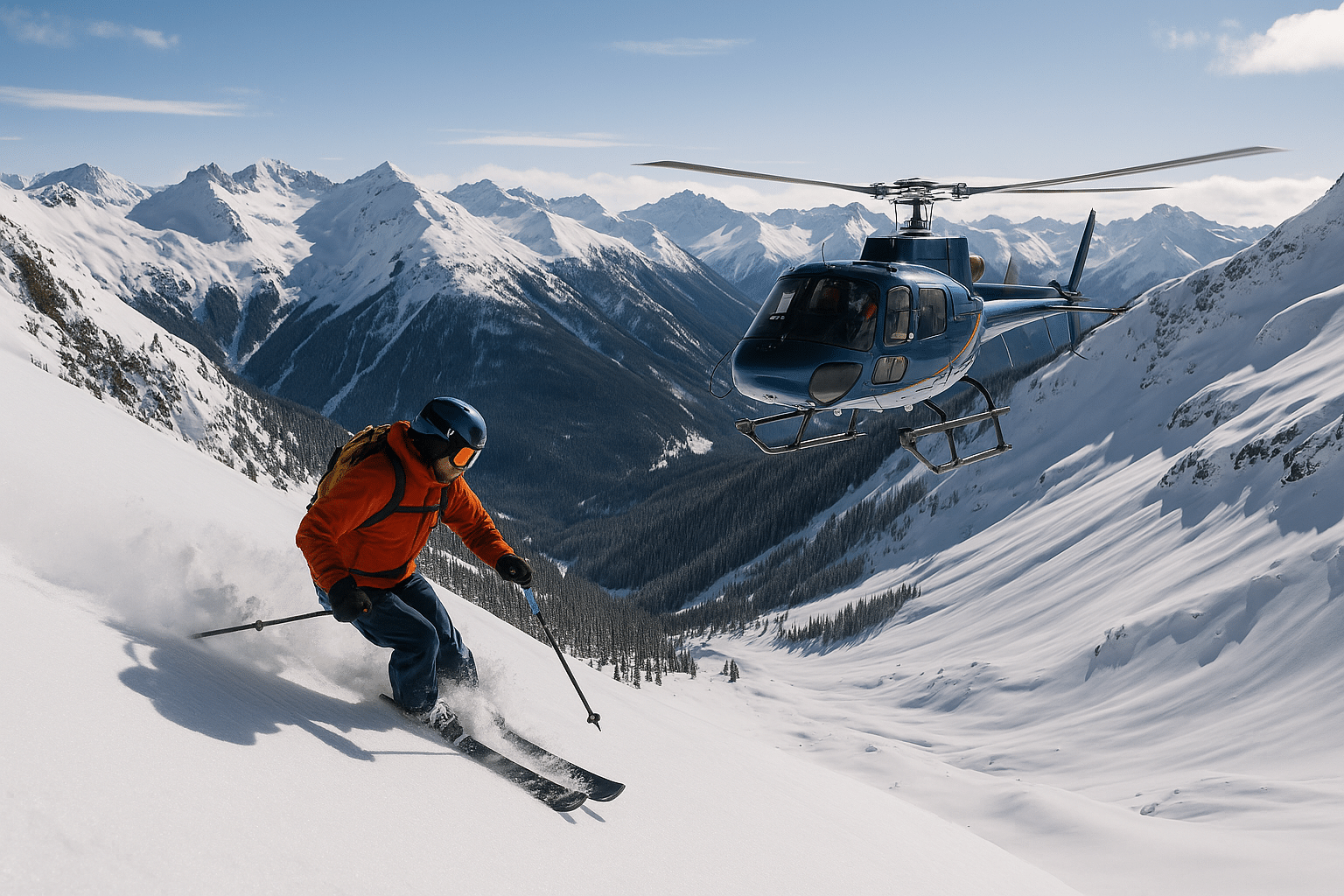 A skier in a red jacket carves through fresh powder on a steep slope while a blue helicopter hovers above in the snowy San Juan Mountains of Colorado.