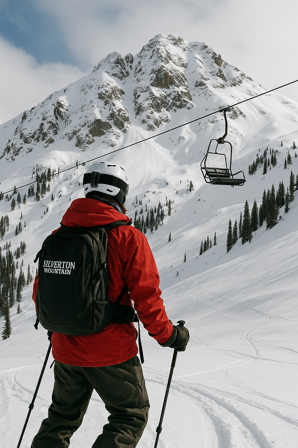 A skier in a red jacket and helmet looks up at the rugged, snow-covered peaks of Silverton Mountain, with a single ski lift chair suspended nearby under a cloudy sky.