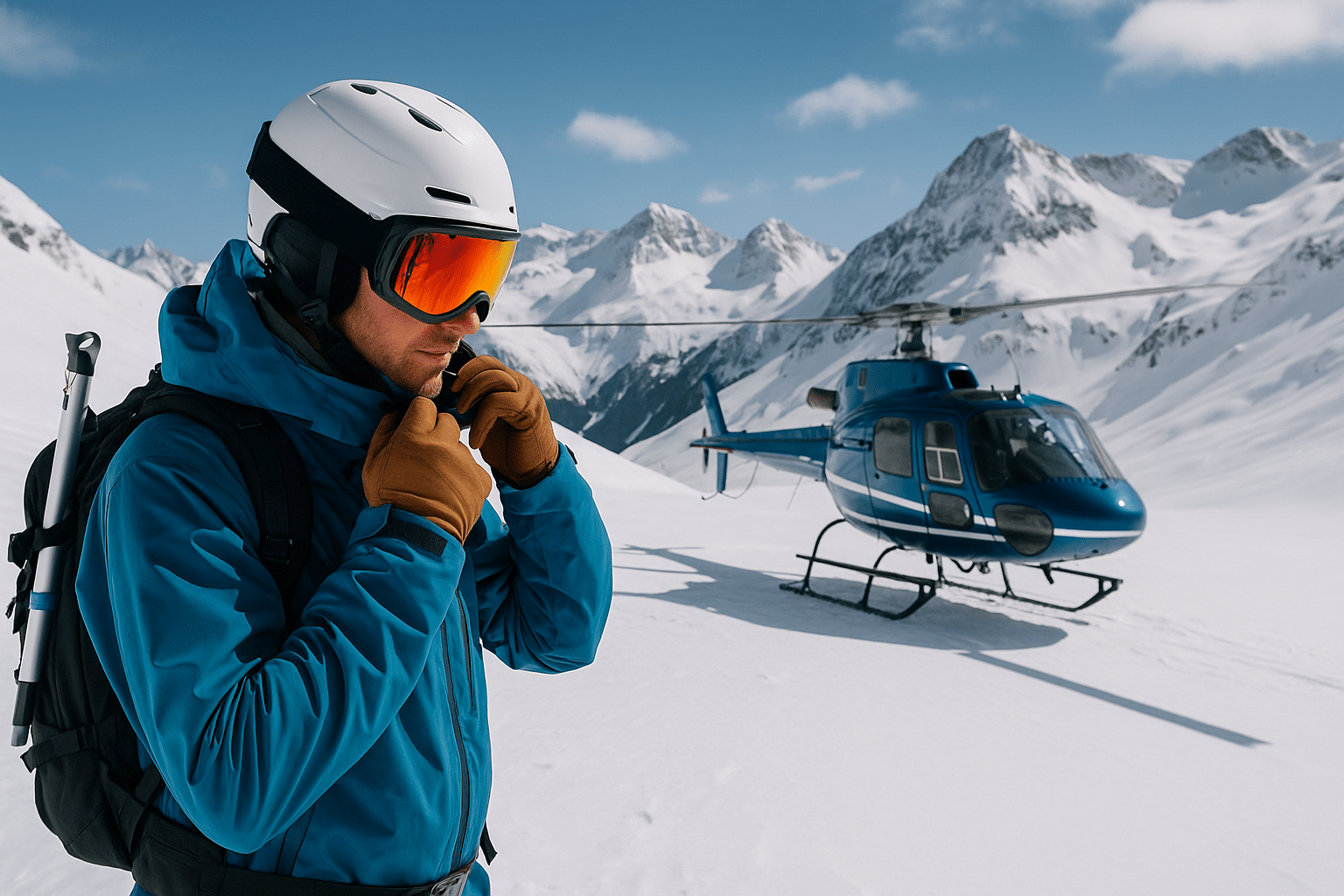 Skier preparing for a heli-skiing adventure in snowy mountain terrain with a helicopter in the background.