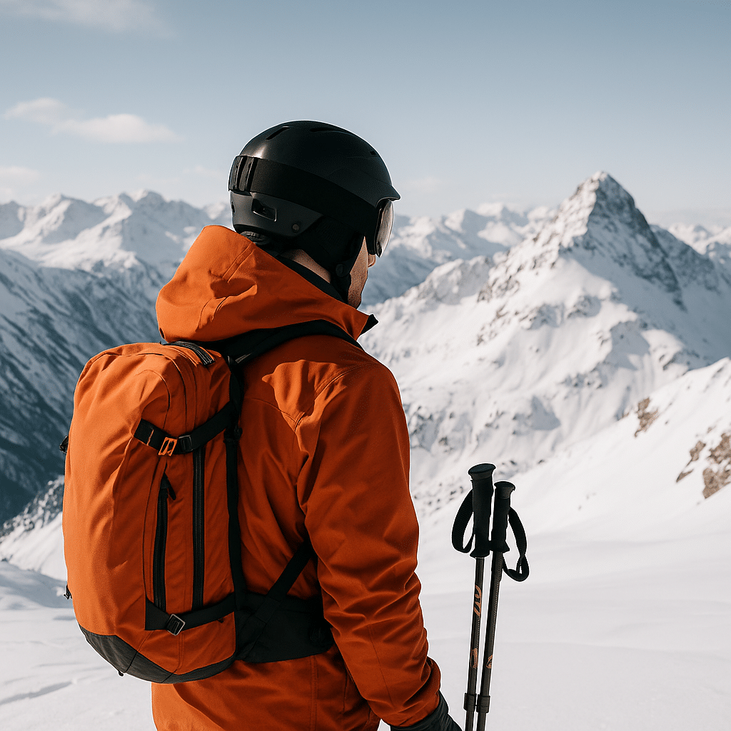Skier in an orange jacket with poles and a backpack overlooking snowy alpine peaks in the mountains.