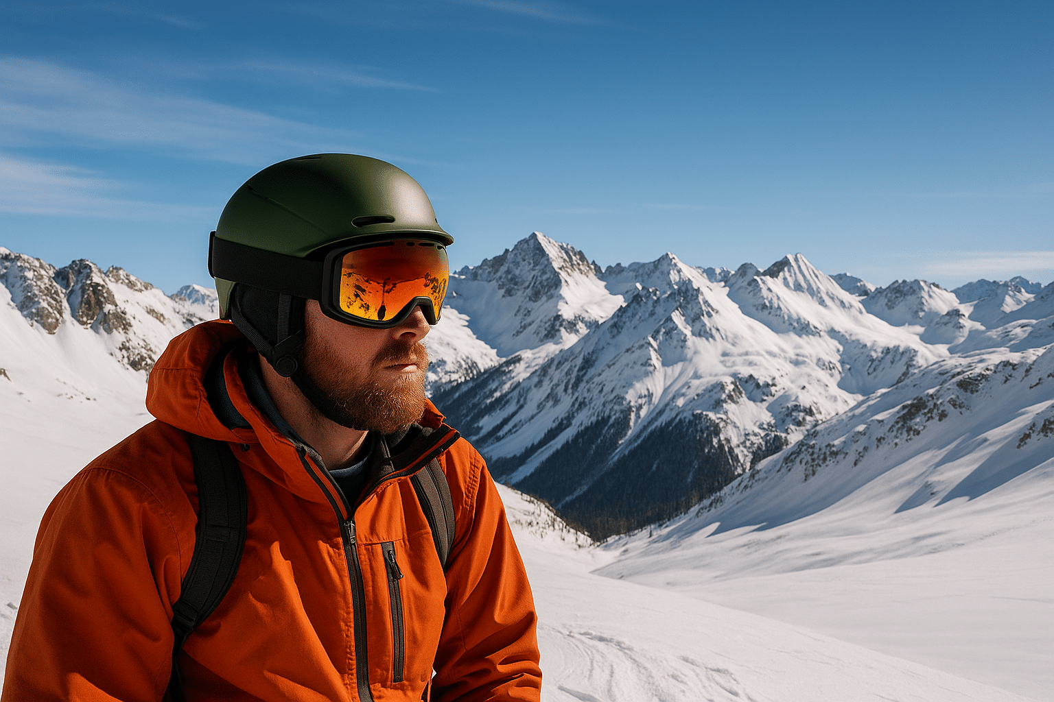 Skier in an orange jacket and green helmet with reflective goggles standing in snowy alpine mountains.