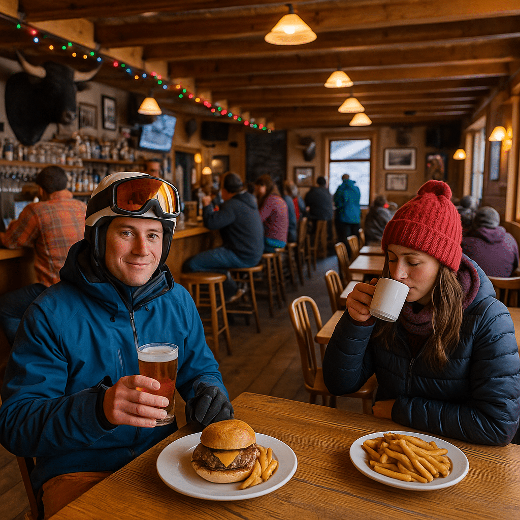A cozy mountain-town bar with wooden beams and string lights, where a skier enjoys a beer and burger while another guest drinks from a mug, surrounded by a lively après-ski crowd.
