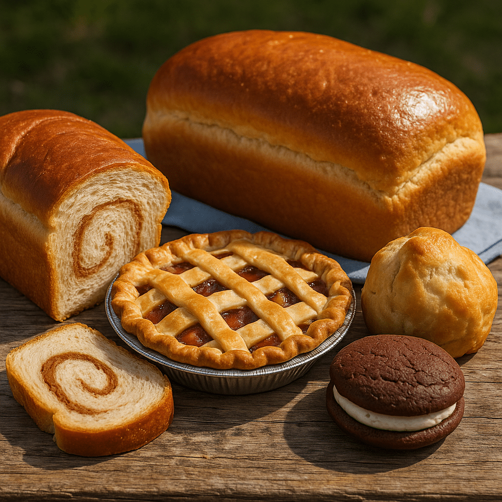 A high-resolution photograph displays Amish baked goods on a rustic wooden table, including cinnamon swirl bread, a lattice-top pie, an apple dumpling, and a chocolate whoopie pie, with soft natural light highlighting their textures.