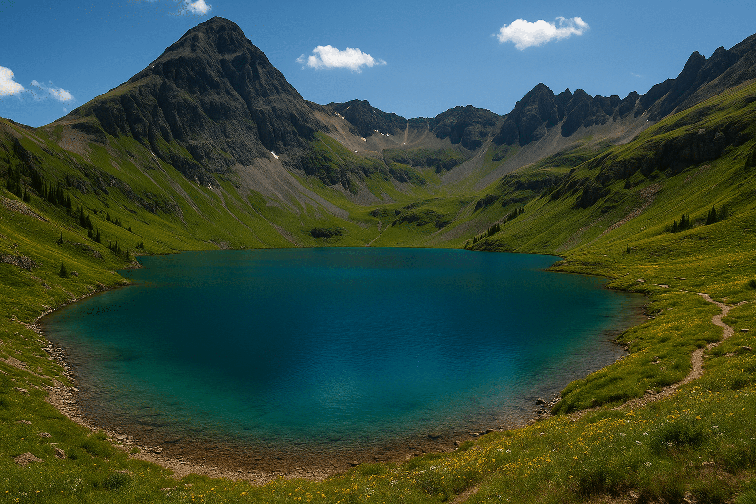 A high-resolution photograph captures an alpine scene at Clear Lake in Silverton, Colorado, with turquoise waters reflecting jagged peaks and lush green meadows under a bright blue sky.