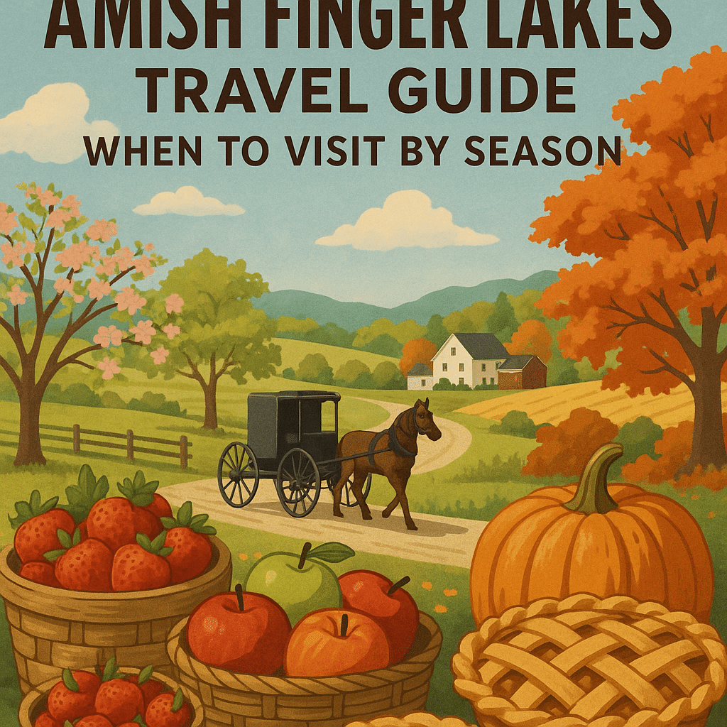A rural Amish countryside scene in the Finger Lakes, with rolling farmland, wooden barns, and a horse-drawn buggy on a quiet road.