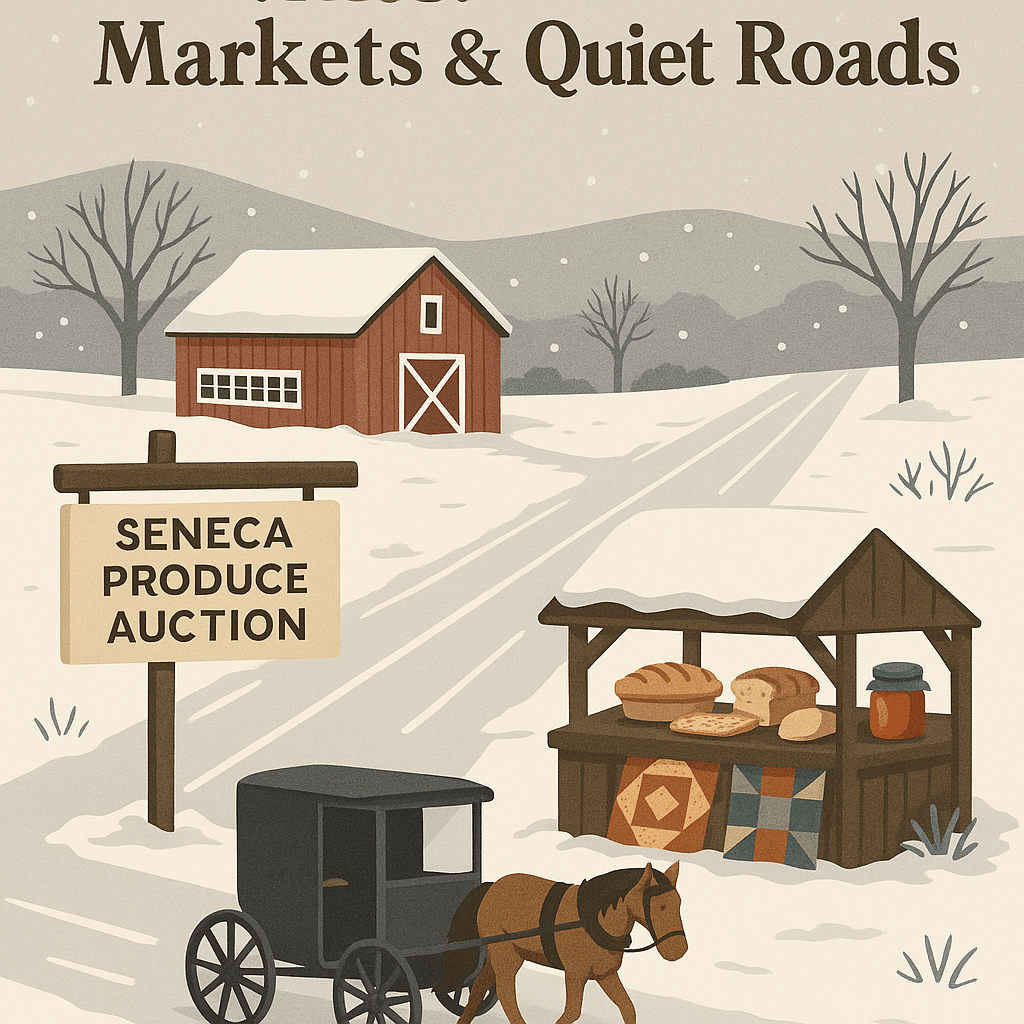 An Amish countryside in winter with a horse-drawn buggy on a snowy road, a wooden market stall selling bread, quilts, and preserves, and a red barn in the background.