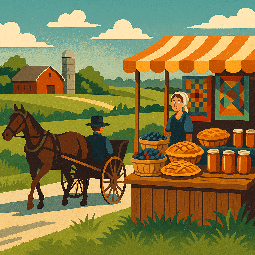 A colorful Amish summer market scene with a horse-drawn buggy passing by, fresh pies, berries, jars of jam, and quilts displayed under a striped tent against a green countryside backdrop.