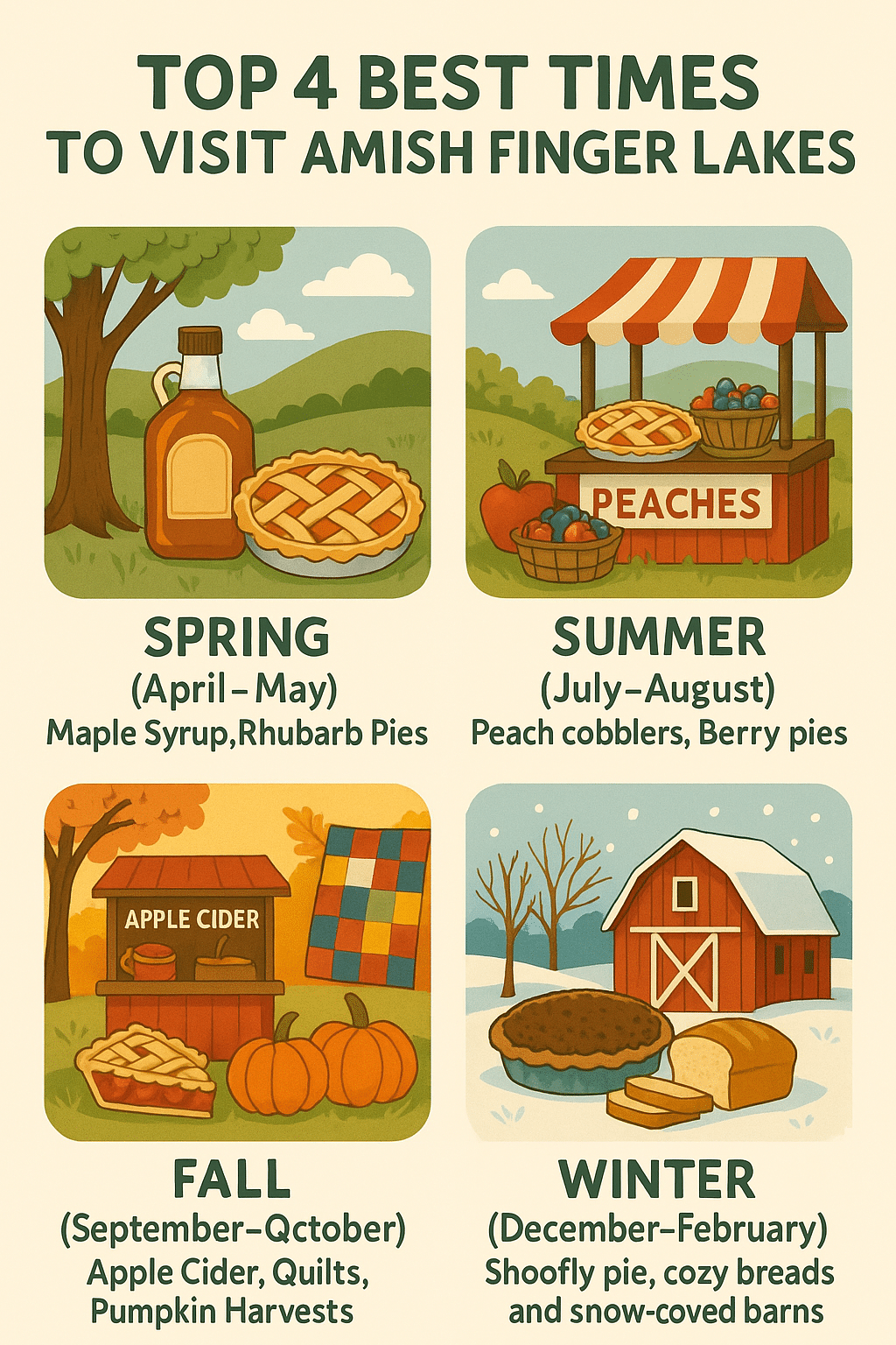 A colorful infographic showing the top four best times to visit the Amish Finger Lakes, with seasonal illustrations of spring maple syrup and pies, summer peach stands, fall pumpkins and quilts, and winter barns with bread and pies.