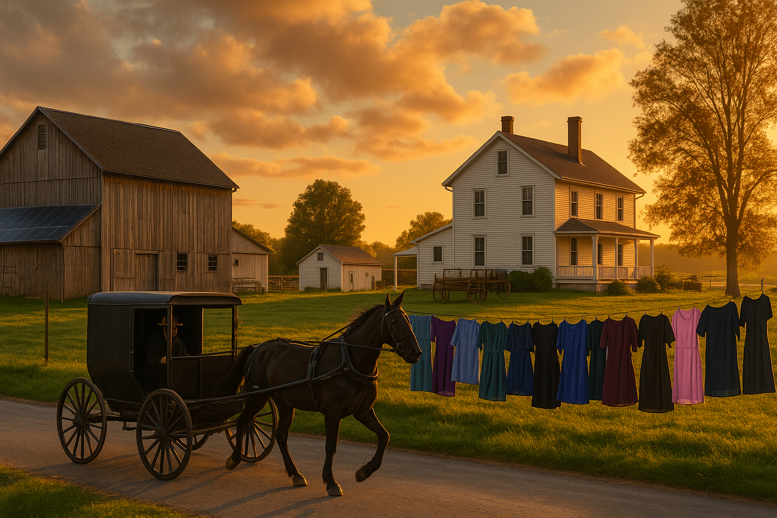 A rural Amish farm at sunset with a horse-drawn buggy on the road, a white farmhouse, wooden barn, and colorful clothes hanging on a line.