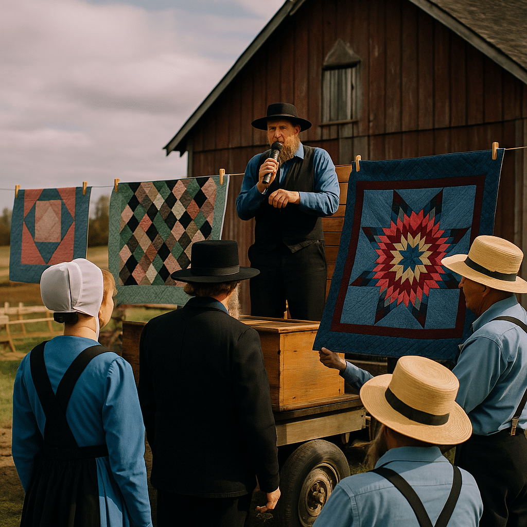 An Amish community scene at a quilt auction, with colorful handmade quilts displayed in front of a red barn and Amish men and women in traditional attire gathered around.