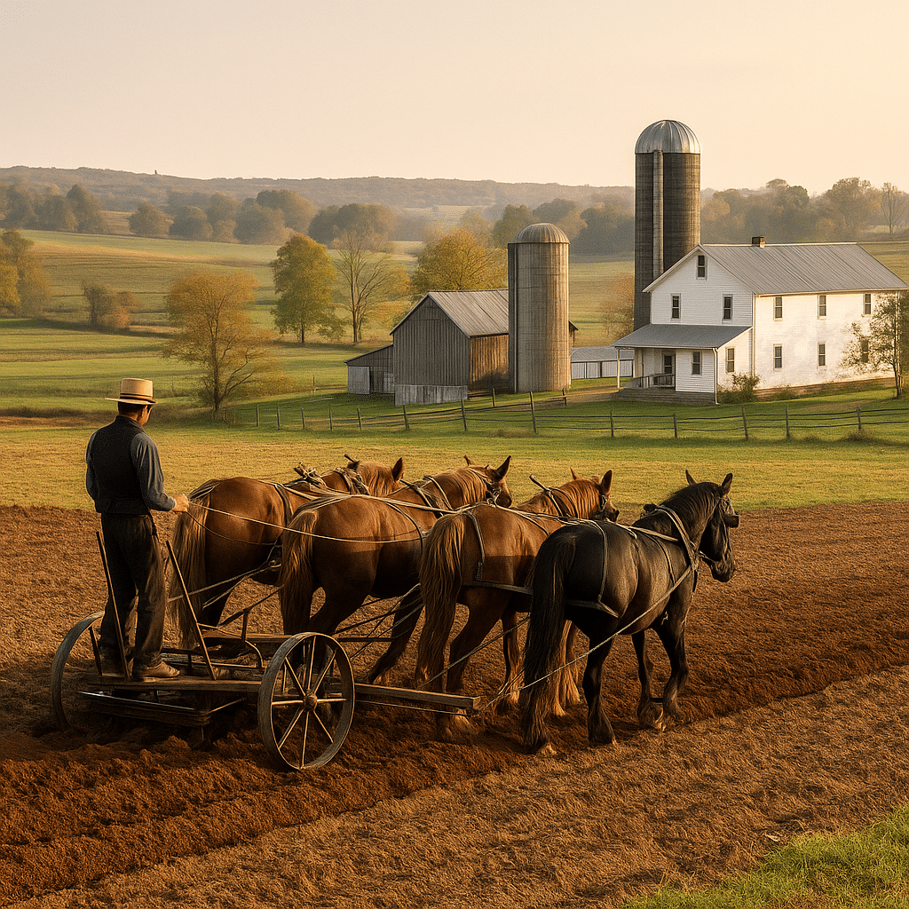 An Amish farmer plowing a field with a team of four horses, with a white farmhouse, barns, and silos in the background under golden evening light.