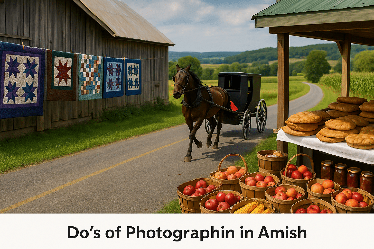 Amish culture photography – quilts hanging on a barn, a horse-drawn buggy on a country road, and baskets of apples and baked goods at a roadside stand.