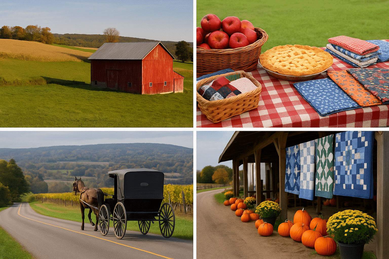 Amish culture photography – collage showing respectful alternatives: a red barn in fields, baked goods and quilts on a stand, a distant horse-drawn buggy, and quilts with pumpkins at a market.