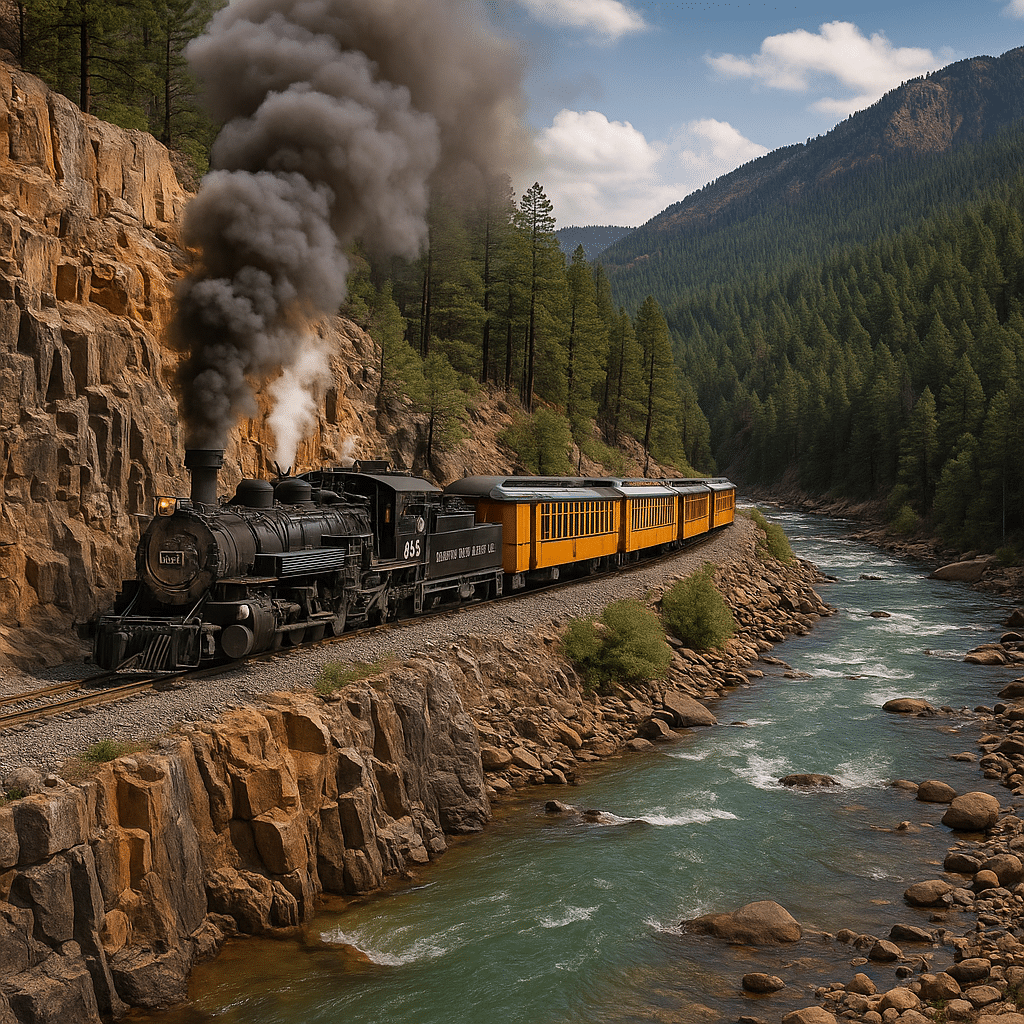 Vintage steam train of the Durango & Silverton Narrow Gauge Railroad traveling along the Animas River with pine-covered mountains in the background.