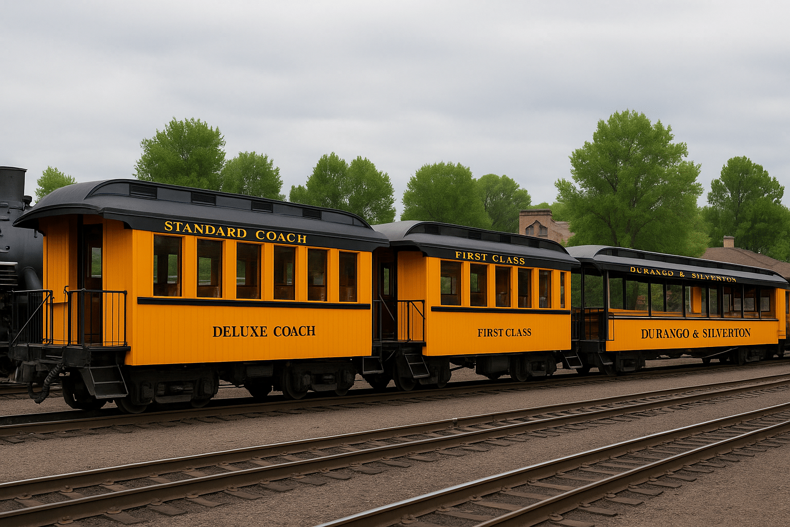 Different train cars of the Durango & Silverton Narrow Gauge Railroad showing Standard Coach, Deluxe Coach, First Class, and Open-Air Gondola options at the depot.