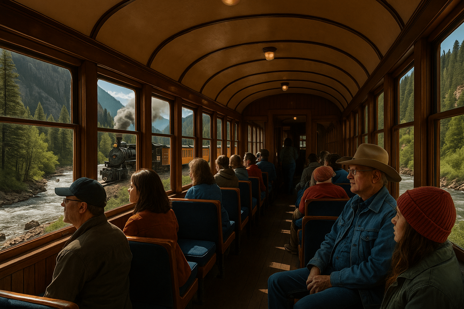 Passengers inside a vintage Durango & Silverton Narrow Gauge Railroad car enjoying the atmosphere with wooden interiors, large windows, and views of the steam train and mountains outside.