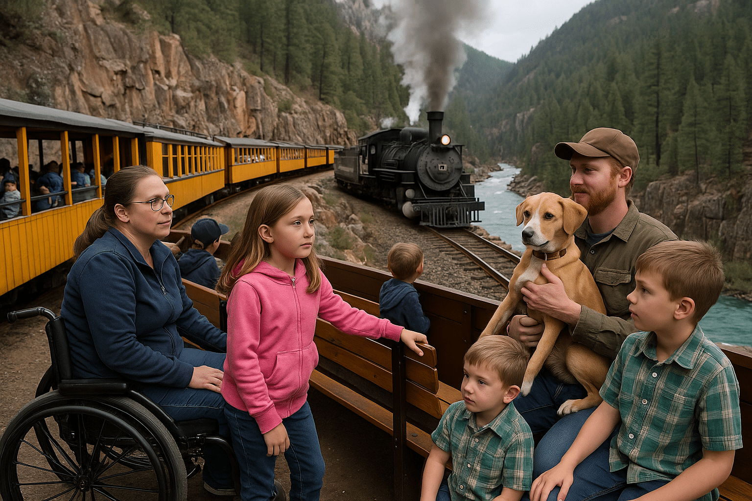 Families aboard the Durango & Silverton Narrow Gauge Railroad with kids, a service dog, and a passenger in a wheelchair enjoying the scenic ride along the river and mountains.