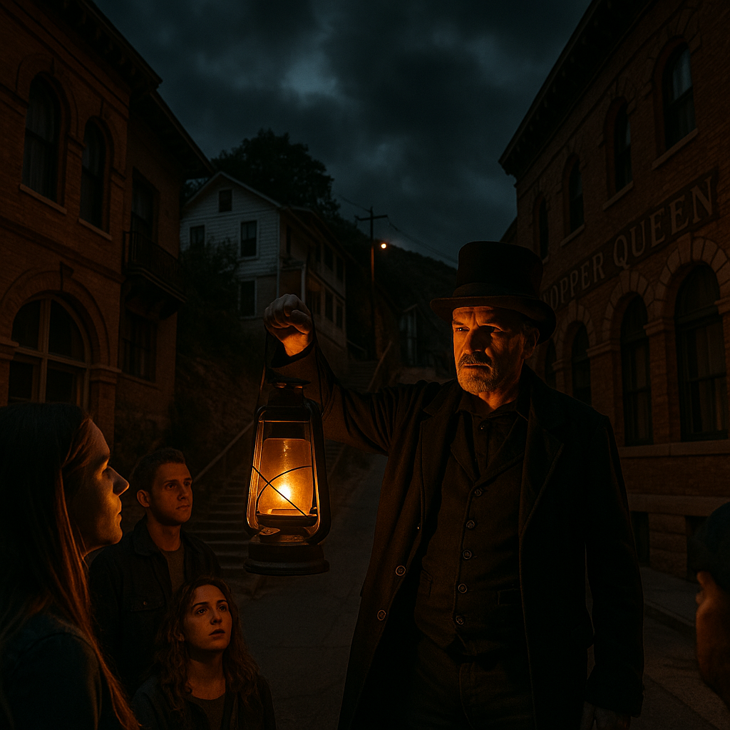 Ghost tour guide holding a lantern on a dark street in Bisbee, Arizona, surrounded by historic brick buildings and a small group of listeners.