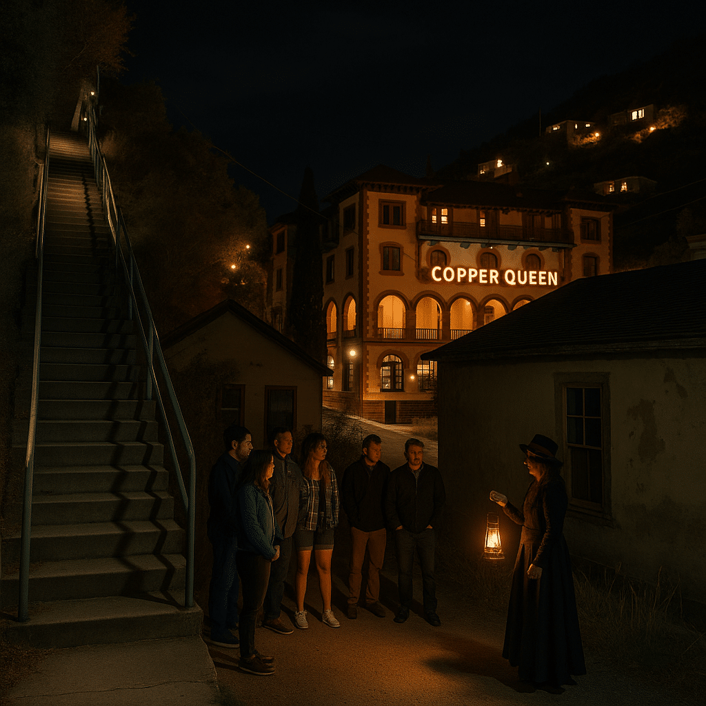 Ghost tour group in Bisbee at night with a guide holding a lantern near the Copper Queen Hotel and historic staircases, creating a haunted itinerary atmosphere.