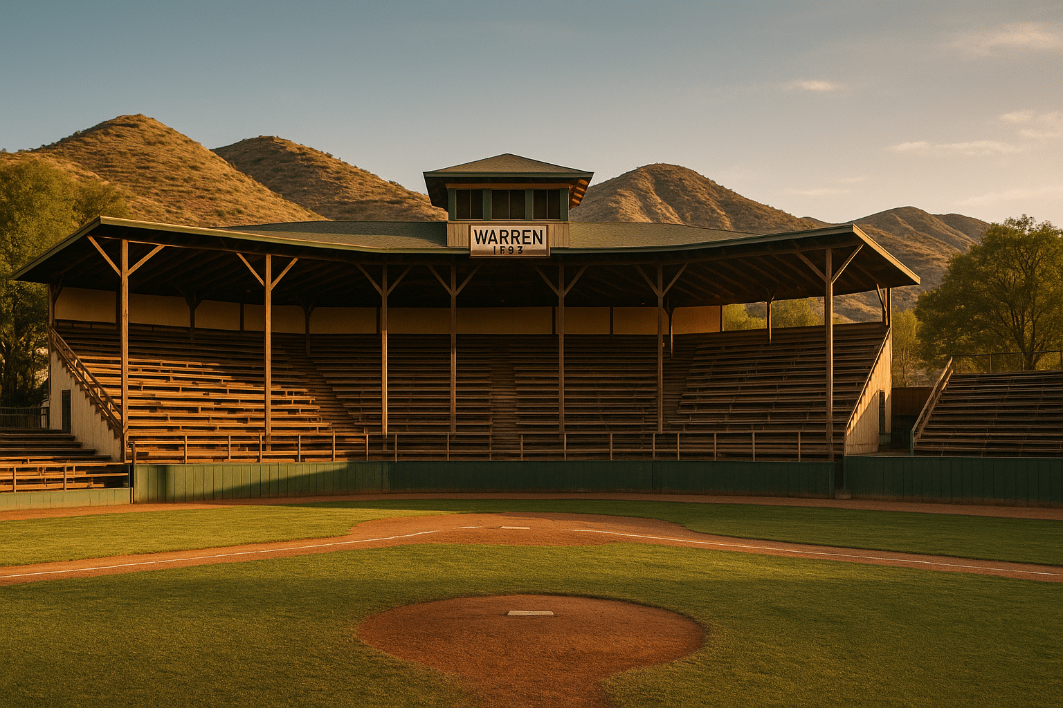Vintage Warren Ballpark in Bisbee, Arizona with wooden bleachers, classic baseball diamond, and desert hills in the background under golden sunlight.