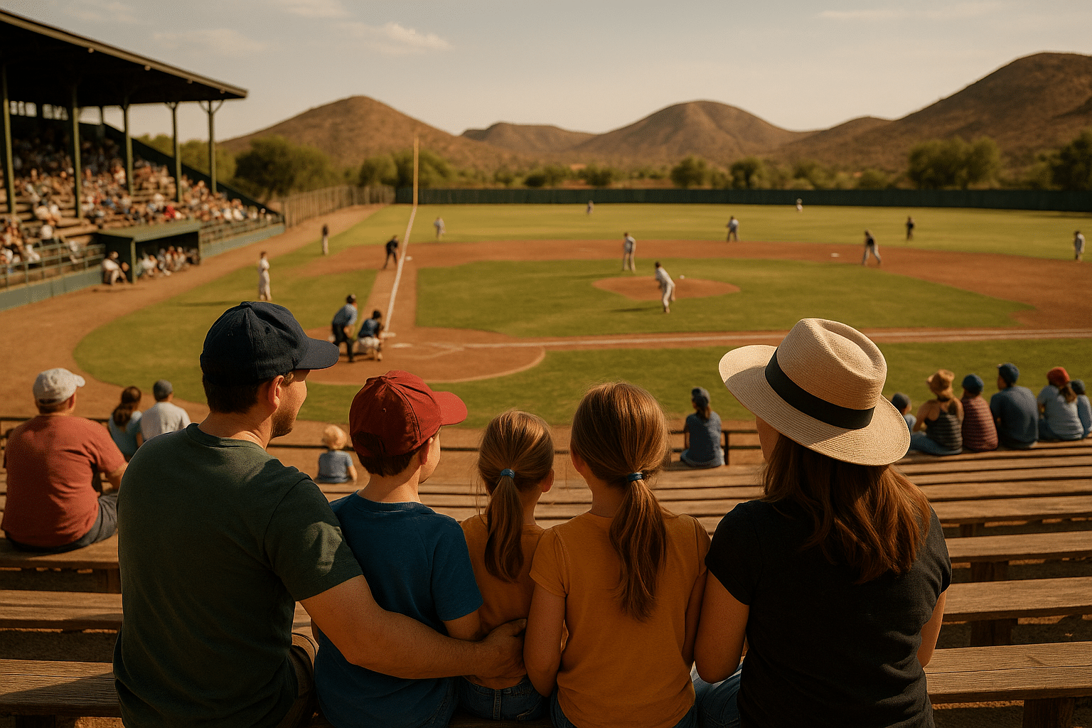 Family sitting on wooden bleachers at Warren Ballpark watching a baseball game, with desert hills in the background under clear afternoon skies.