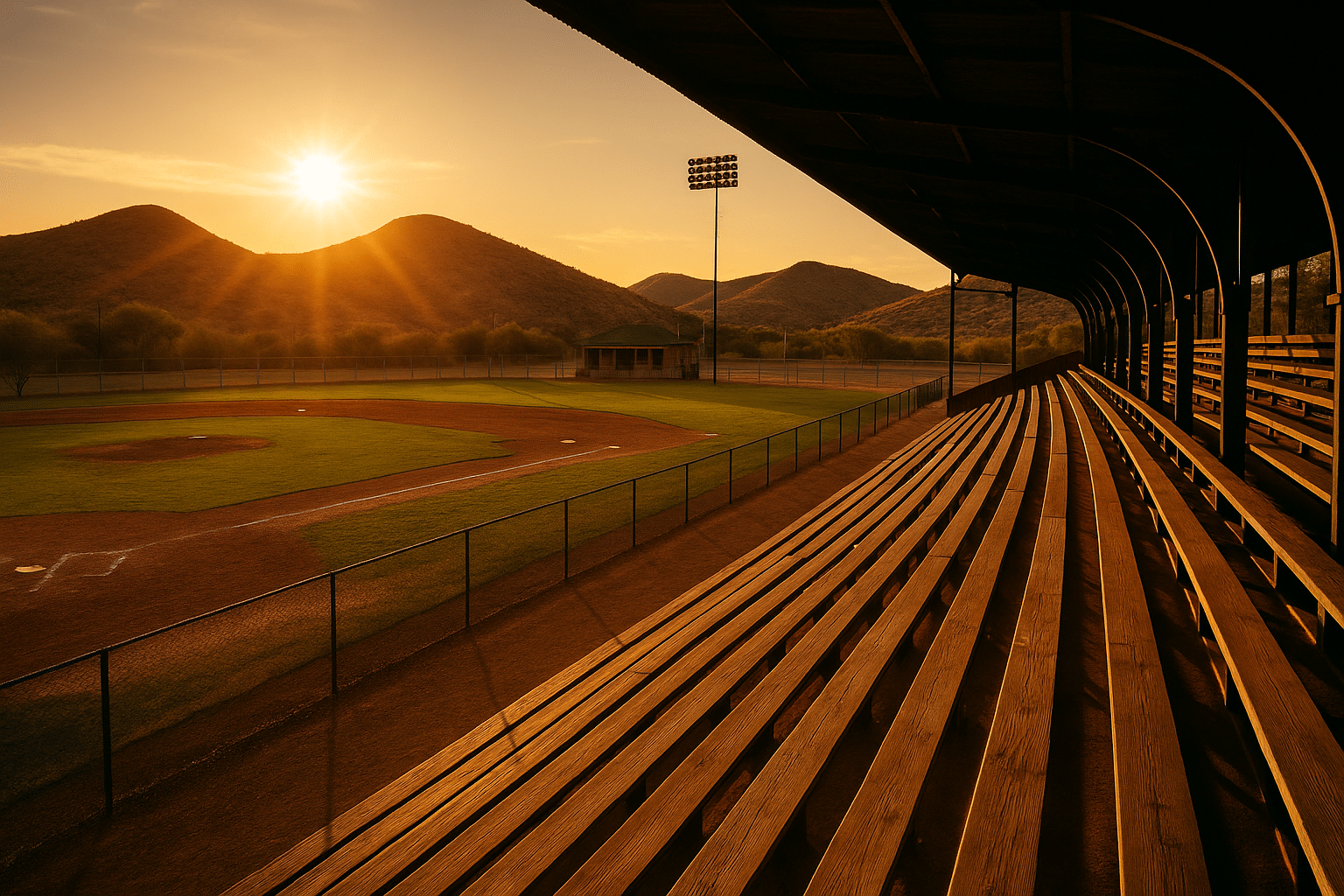 Historic Warren Ballpark baseball field at golden hour with wooden bleachers, chalk-lined diamond, and desert hills under a glowing sunset.