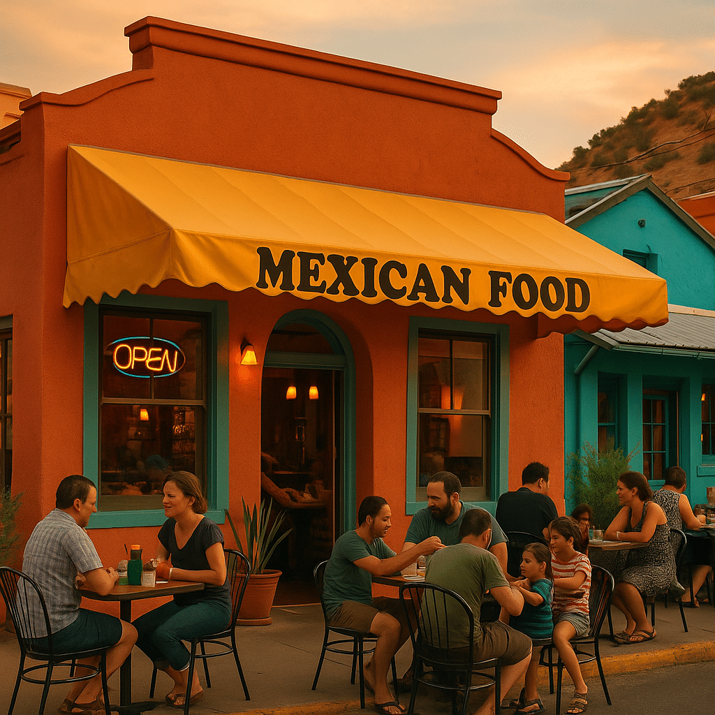 Mexican restaurant in Bisbee with outdoor seating, families dining at tables, and colorful adobe buildings under warm evening light.