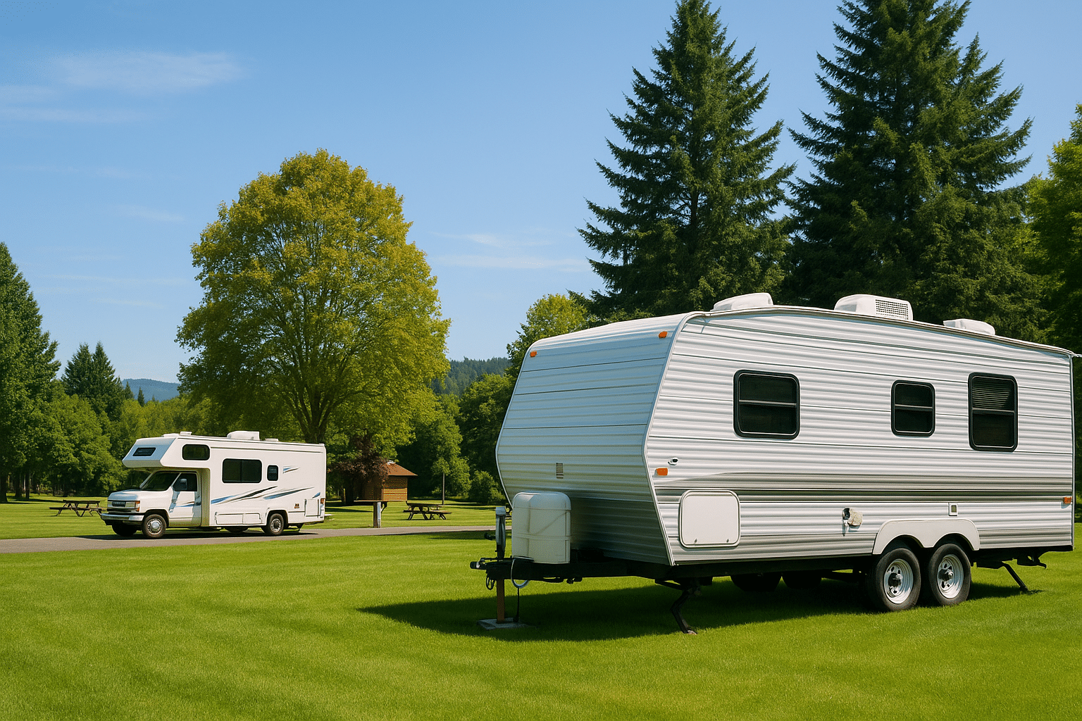 Two RVs parked on a grassy field in a scenic Oregon RV park, surrounded by tall evergreen trees and blue sky