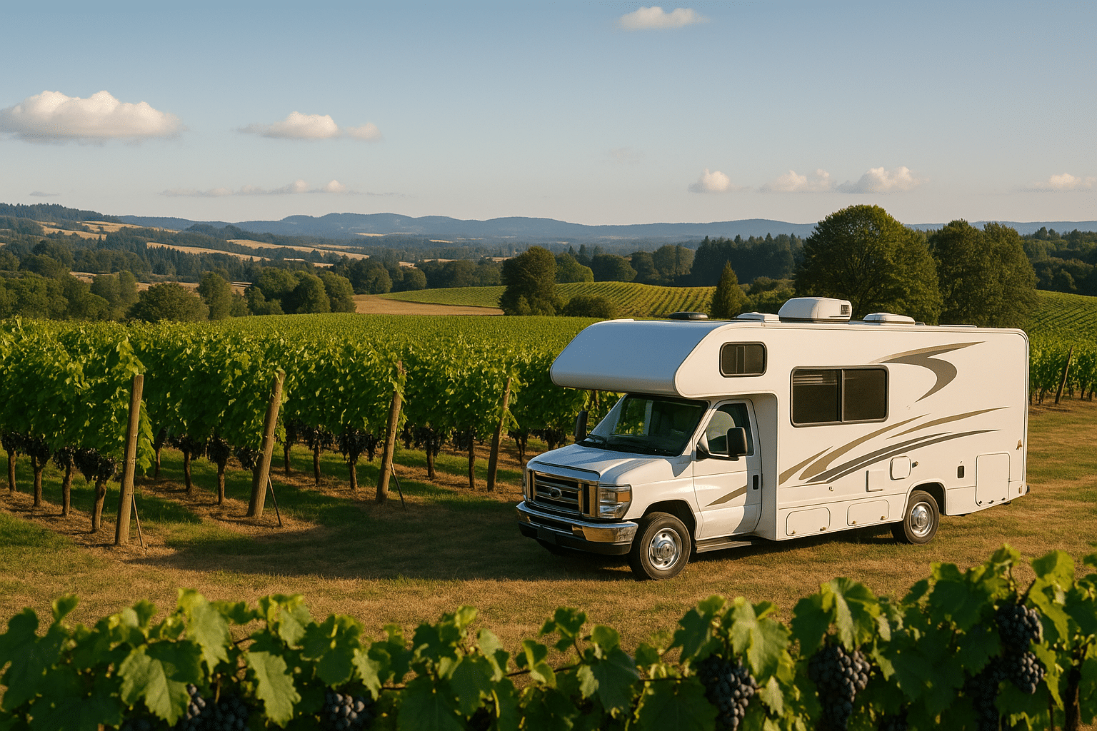 RV parked at a vineyard near Silverton, Oregon with rows of grapevines, rolling hills, and golden evening sunlight creating a peaceful wine country setting.