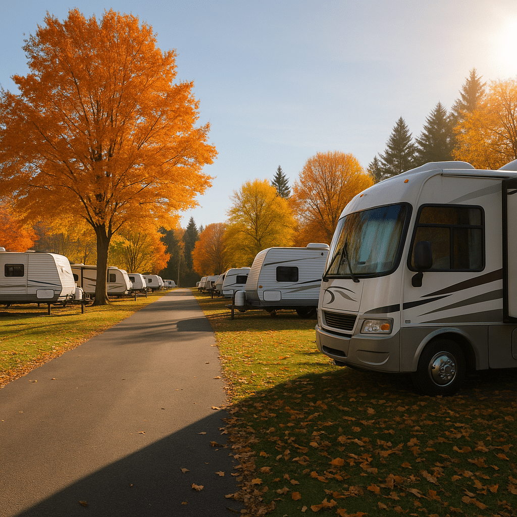 RV campground in Silverton, Oregon during autumn with colorful foliage, motorhomes parked along a paved road, and golden sunlight filtering through the trees.