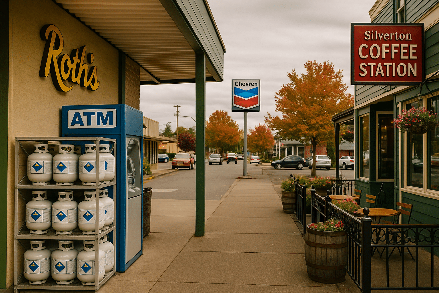 Small-town Silverton street with Roth’s grocery store, propane tanks, Chevron gas station, and Silverton Coffee Station providing local supplies and services for RV travelers.