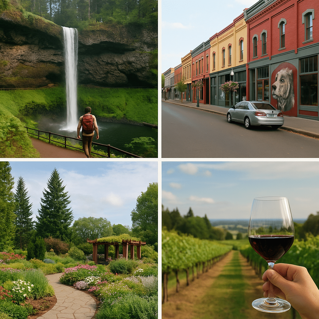 Collage showing things to do near RV parks in Silverton, Oregon: hiking by Silver Falls waterfall, strolling downtown with murals, visiting Oregon Garden’s pathways and flowers, and enjoying wine tasting at vineyards