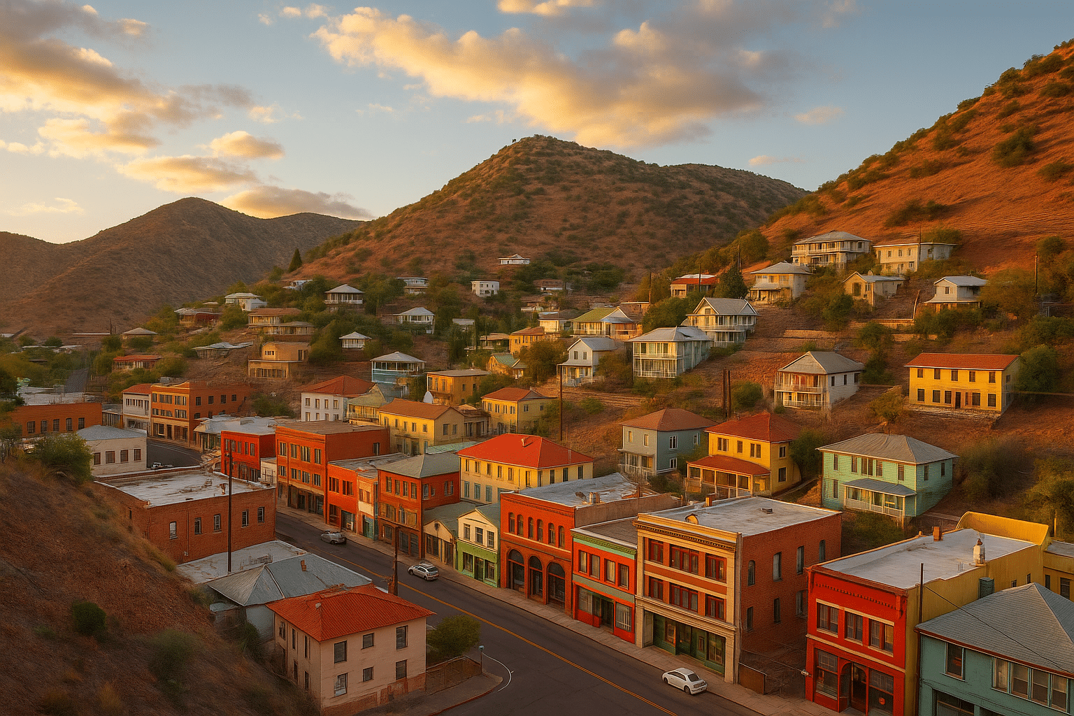Historic mining town of Bisbee, Arizona at sunset with colorful hillside houses and old brick buildings nestled in the Mule Mountains.