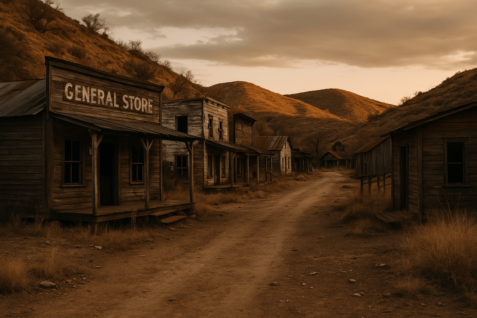 Abandoned ghost town near Bisbee, Arizona with weathered wooden buildings, a dirt road, and surrounding desert hills at dusk