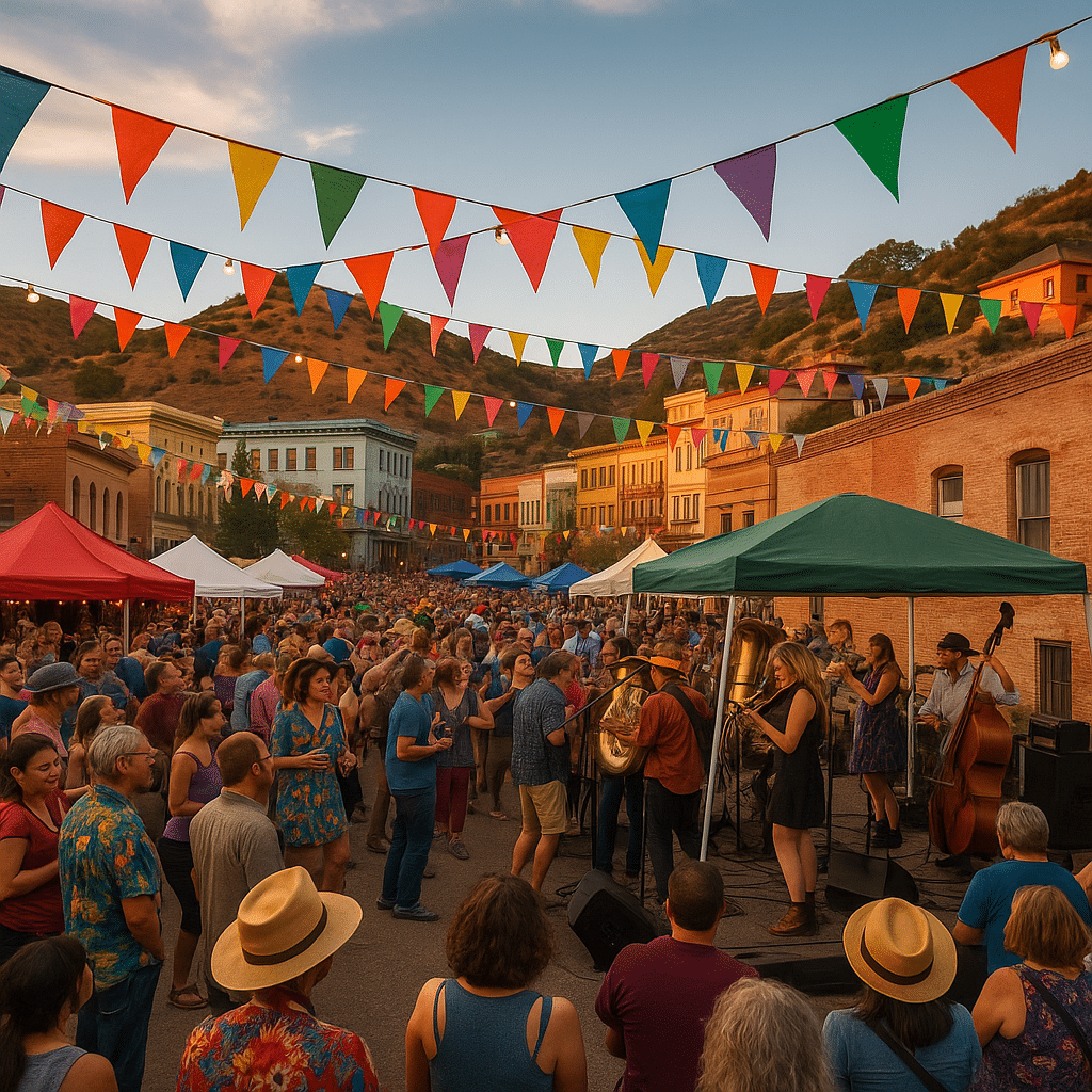 Cultural festival in downtown Bisbee, Arizona with colorful pennant flags, live music stage, food stalls, and a lively crowd surrounded by historic brick buildings.
