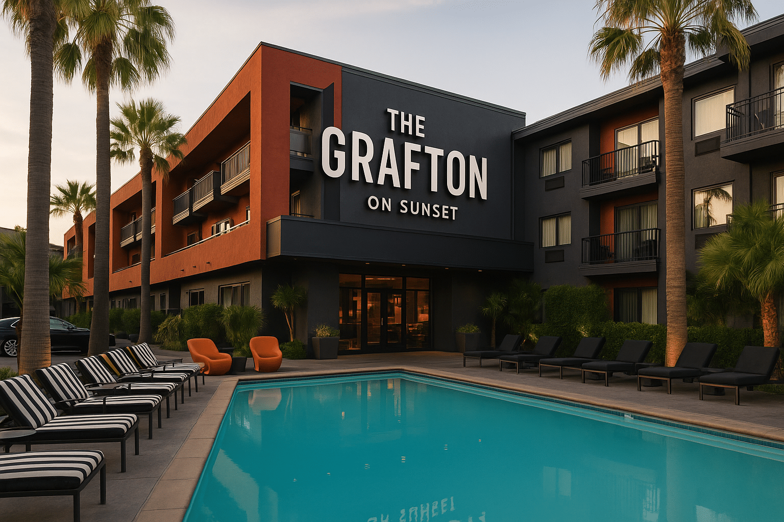 Boutique hotel pool with lounge chairs and palm trees at sunset in West Hollywood.