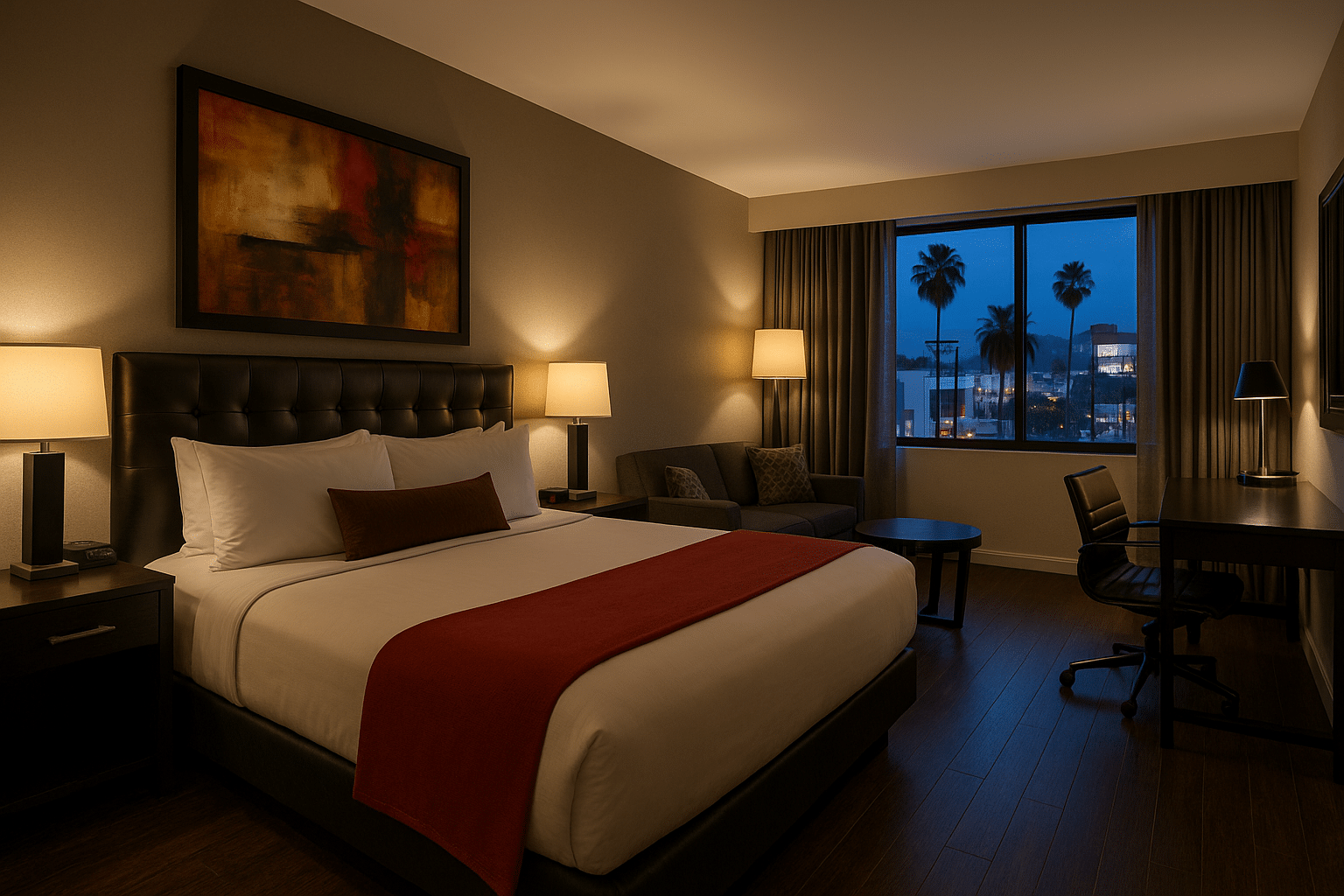 Modern boutique hotel room with king-size bed, warm lighting, sofa, desk, and city view through window
