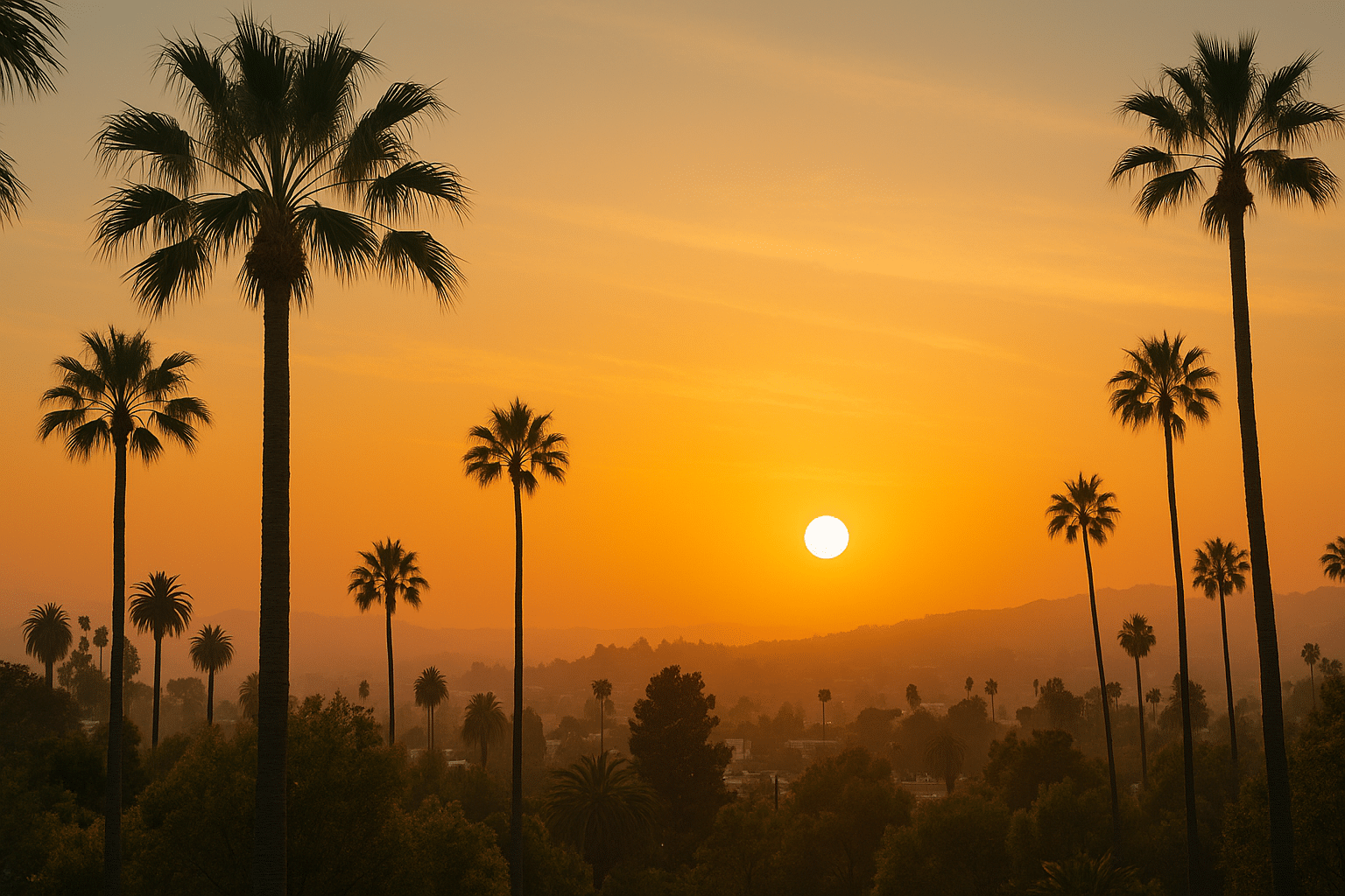 Sunset view of palm trees and rolling hills in Los Angeles, symbolizing the best times to book a Hollywood getaway