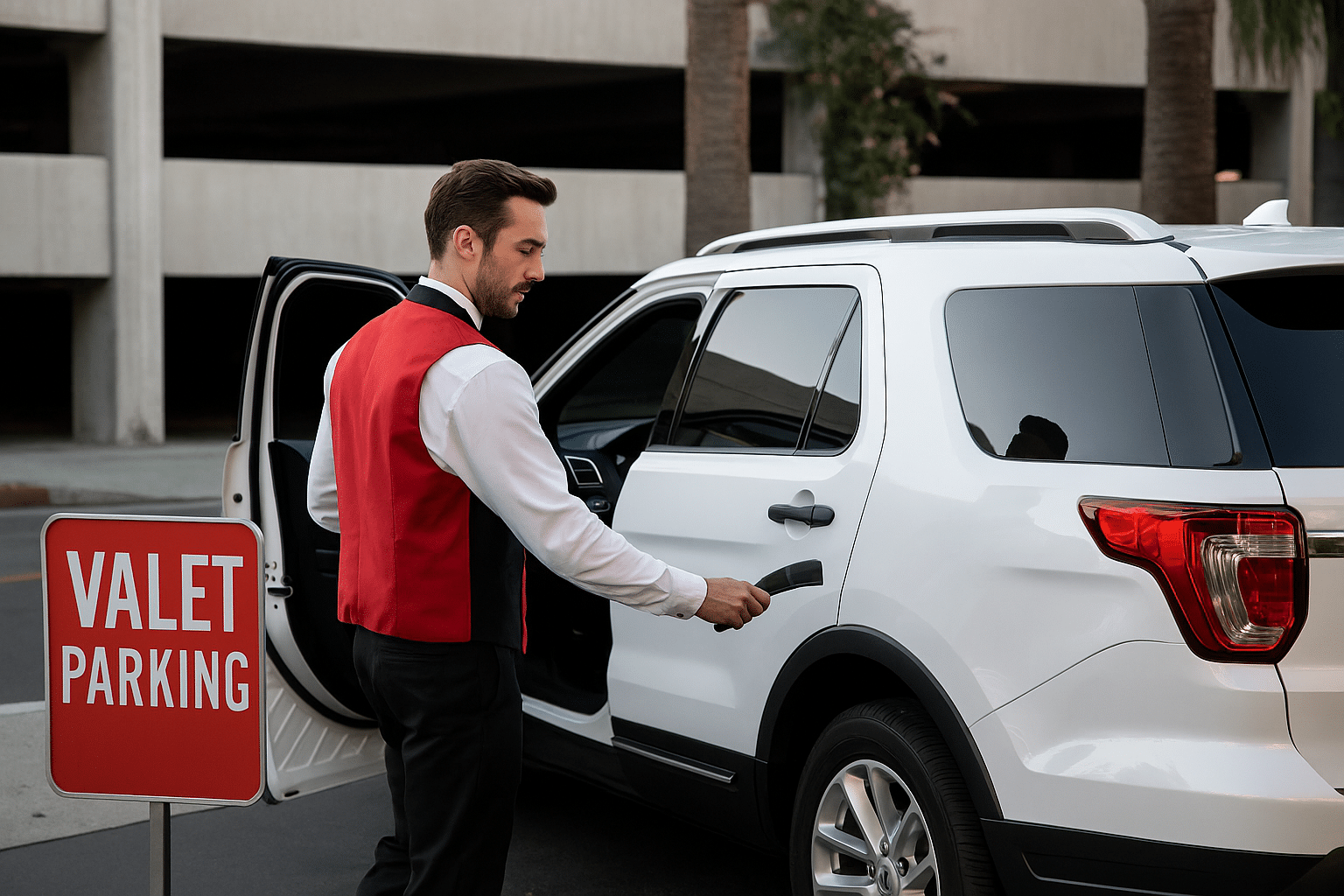 Valet attendant in red vest parking a white SUV near a boutique hotel entrance with a valet parking sign
