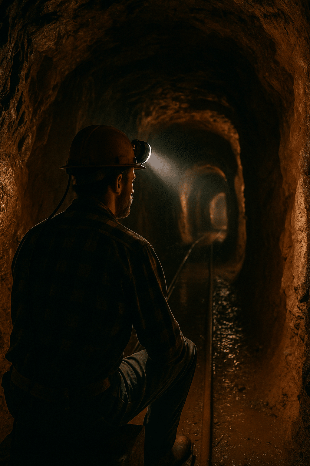 Miner underground wearing a helmet with headlamp, sitting in a narrow rocky tunnel with damp tracks leading into darkness.