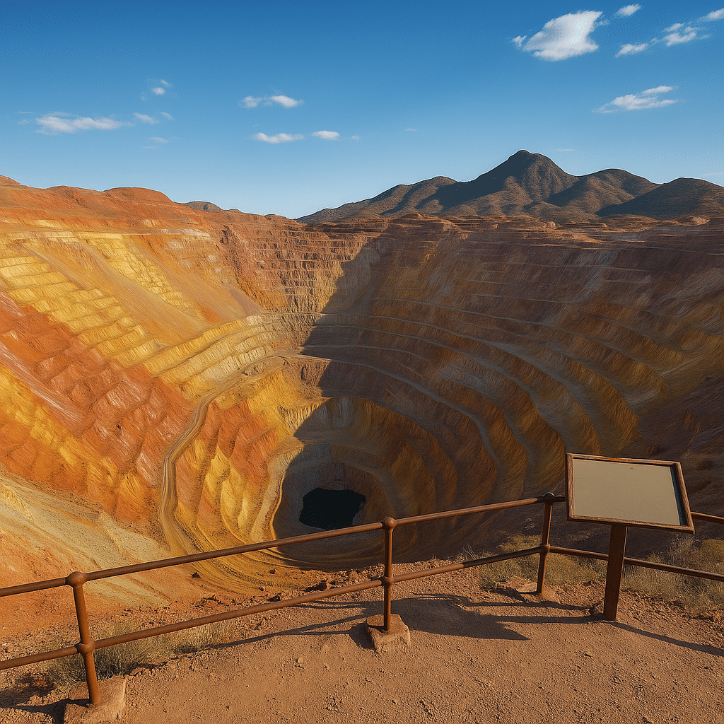Panoramic view of the Lavender Pit Mine in Bisbee, Arizona, with colorful terraced rock layers under a clear blue sky