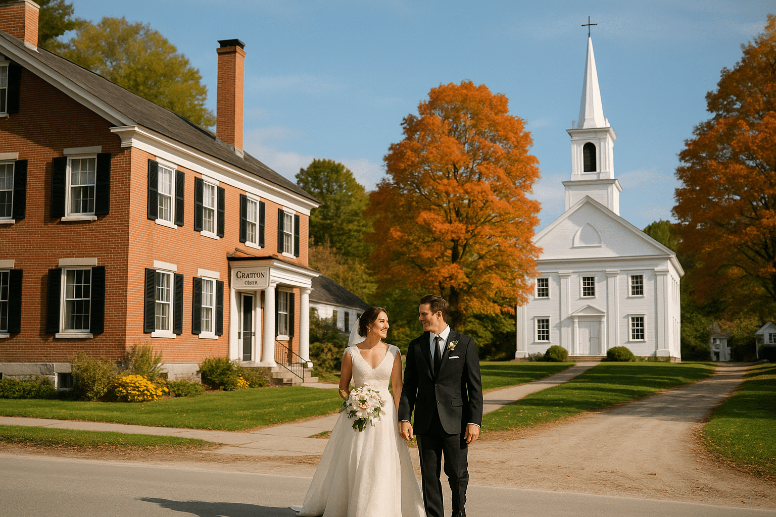 A bride and groom walk hand-in-hand outside the historic Grafton Inn in Vermont, with a white-steepled church and colorful autumn trees in the background.