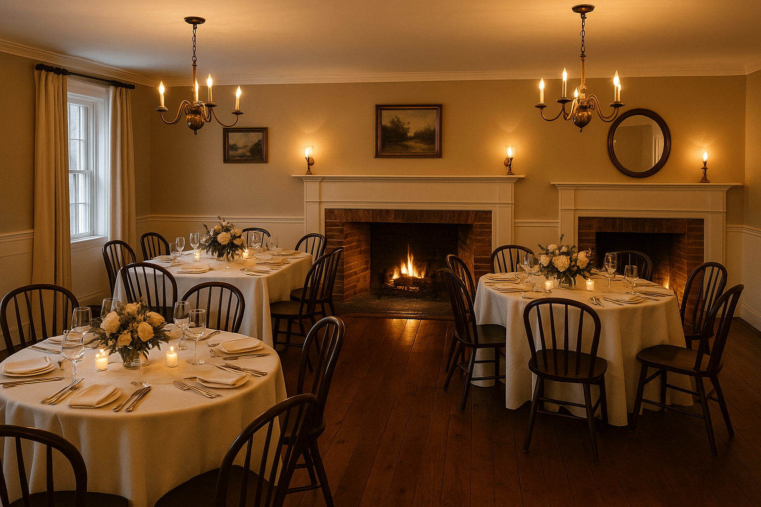 An intimate historic dining room with round tables set for an event, glowing fireplaces, chandeliers, and floral centerpieces creating a cozy, elegant atmosphere
