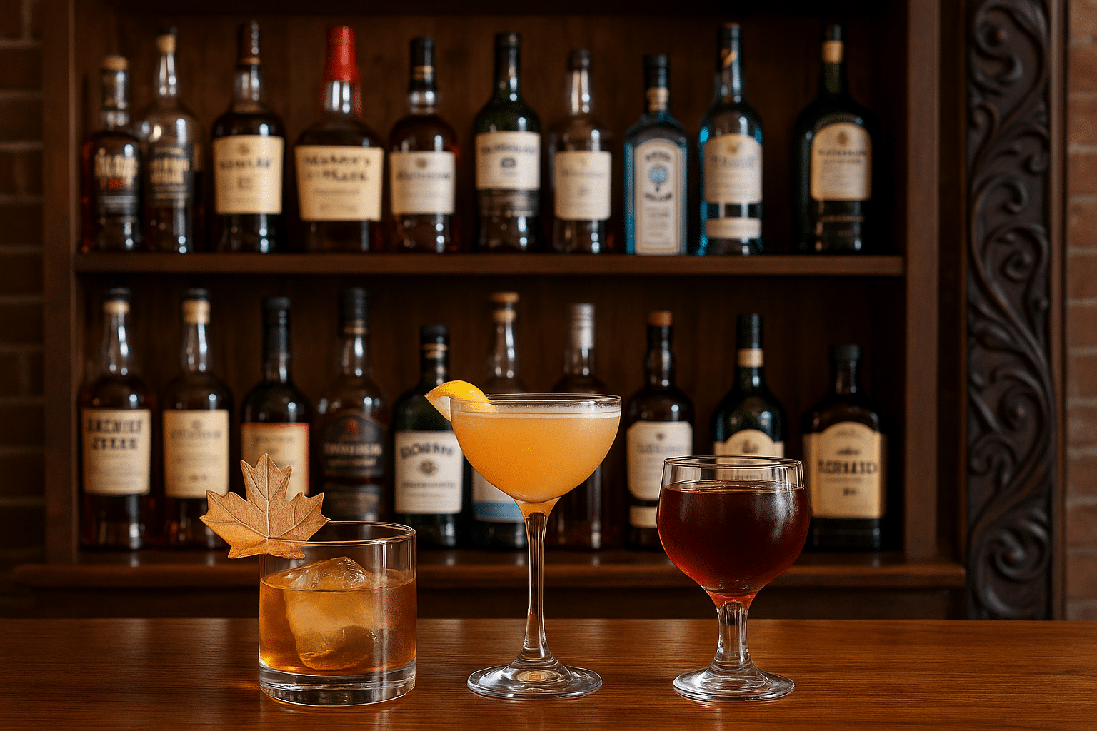 Three elegant cocktails sit on a polished wooden bar, with shelves of liquor bottles and a rustic brick wall creating a warm, inviting backdrop