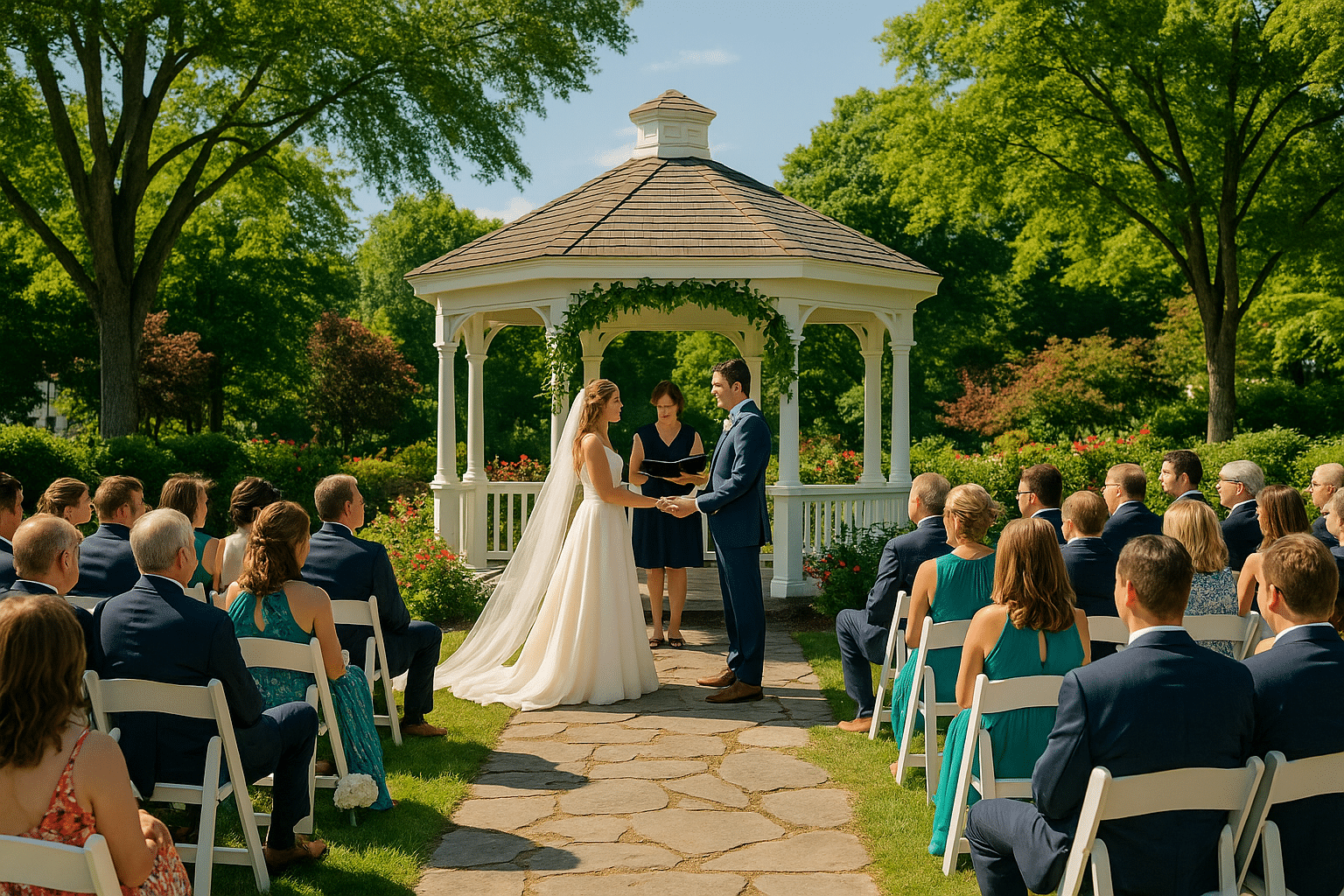 A summer garden wedding with a bride and groom exchanging vows under a white gazebo, surrounded by guests seated on either side beneath lush green trees.