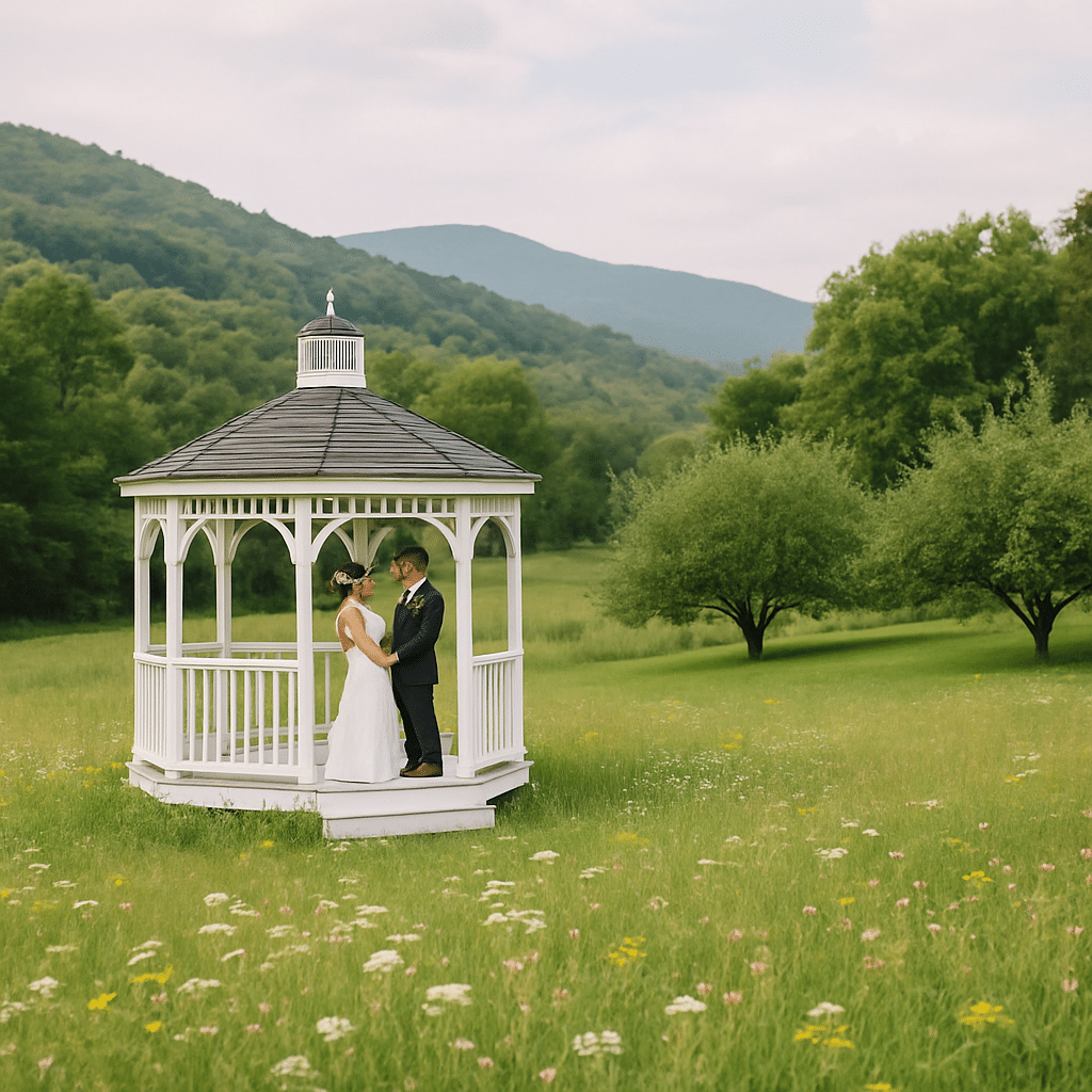 A bride and groom stand in a white gazebo set in a meadow of wildflowers, surrounded by orchards and rolling green hills under a blue sky.