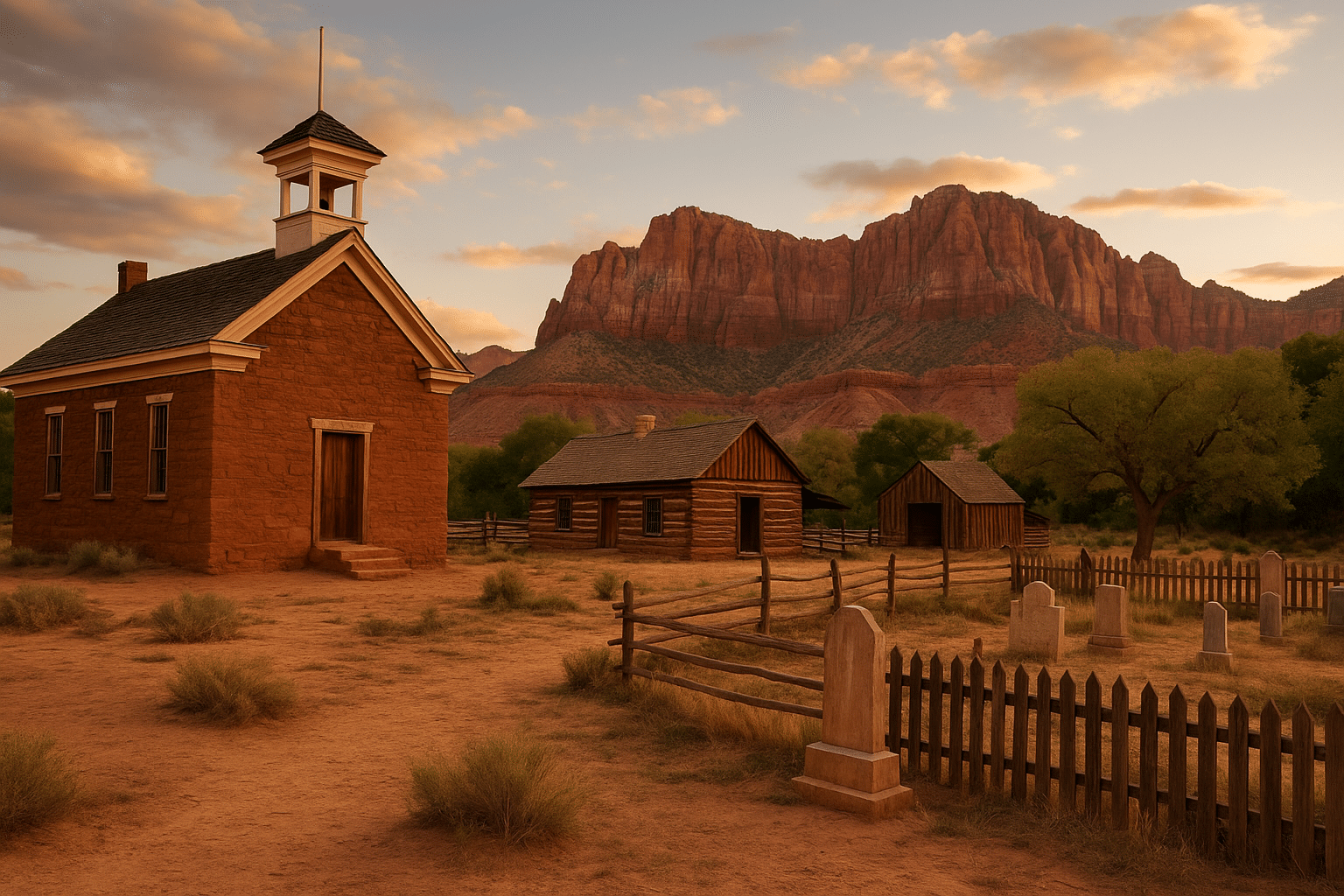 An old red-brick schoolhouse, wooden homesteads, and a pioneer cemetery in Grafton Ghost Town, Utah, with Zion’s red cliffs glowing in the background at sunset.