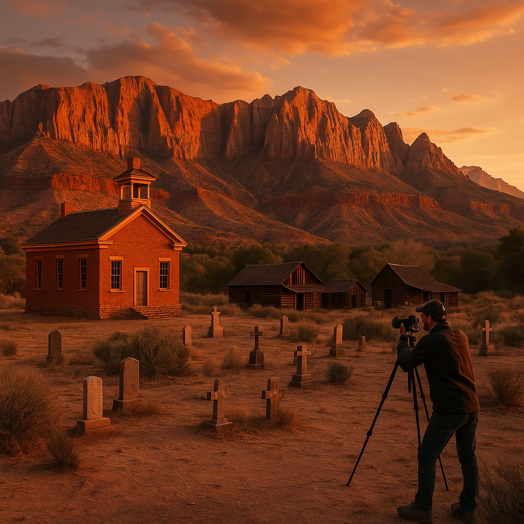 A photographer with a tripod captures Grafton Ghost Town at sunset, featuring the old schoolhouse, pioneer cemetery, wooden barns, and Zion’s red cliffs glowing in golden light.