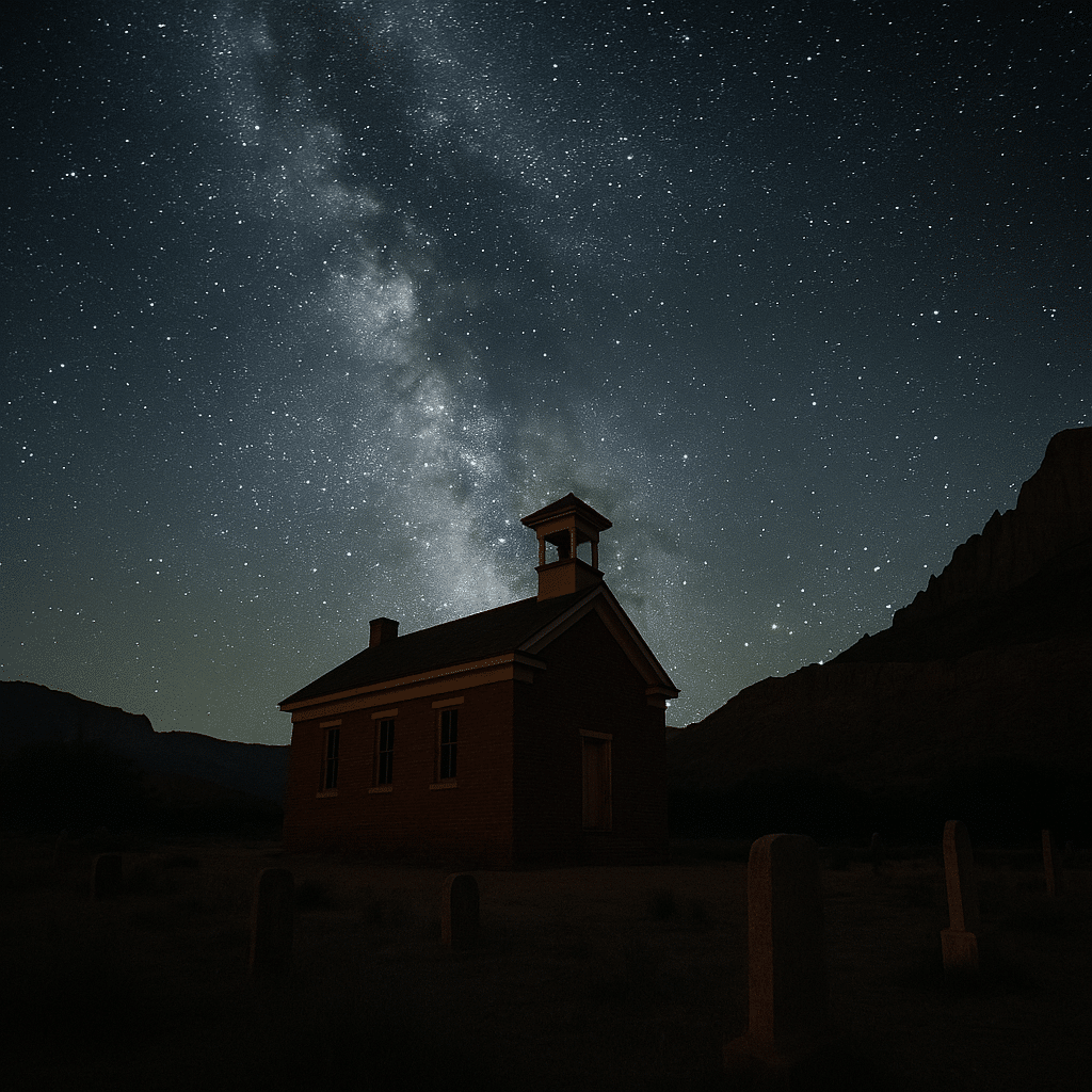 A long-exposure night photograph of Grafton Ghost Town, showing the old red-brick schoolhouse and cemetery silhouetted beneath the glowing Milky Way and a star-filled sky.